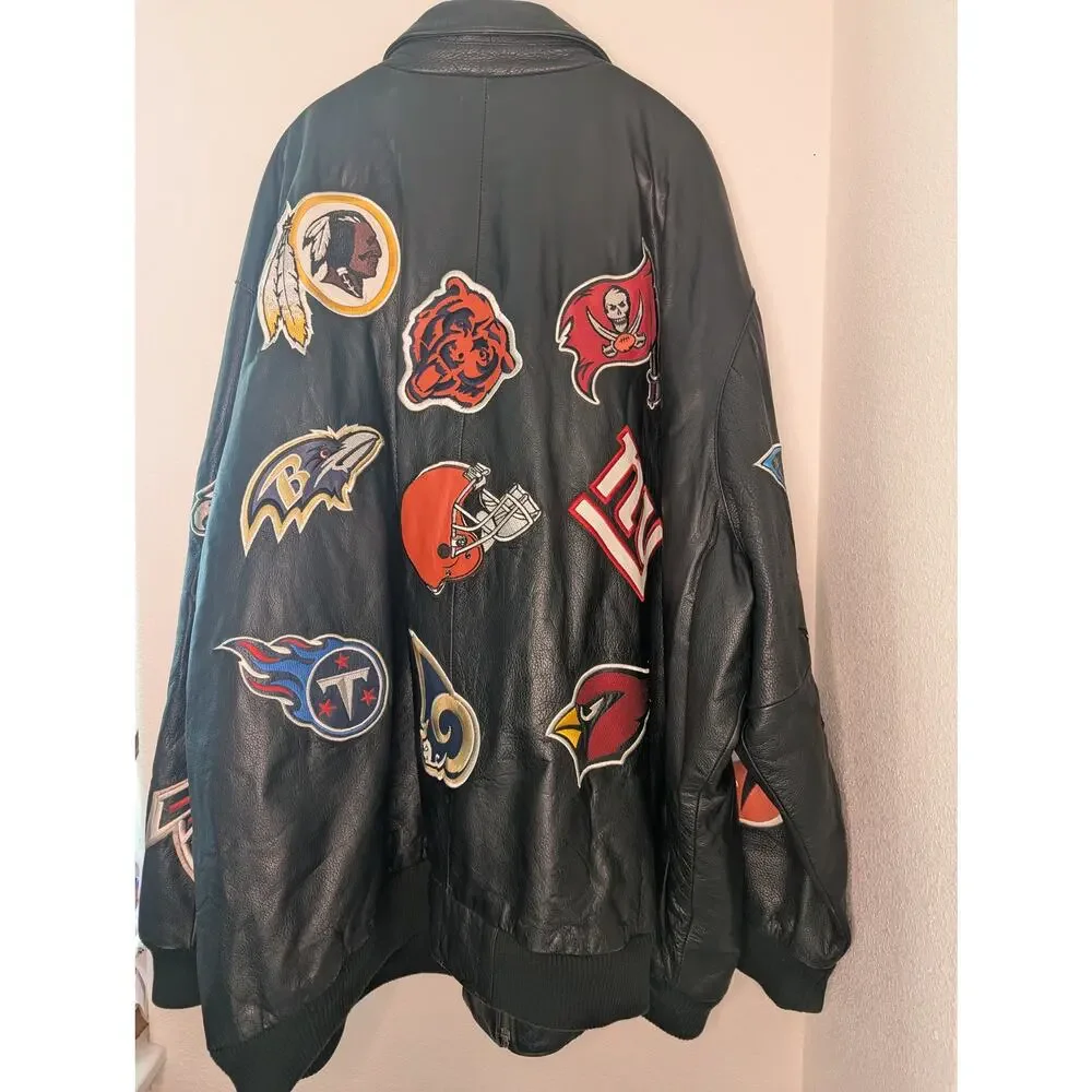 Jeff Hamilton NFL Patch Leather Bomber Jacket 6XL Rare Collector's Sports Moto - Picture 2 of 5